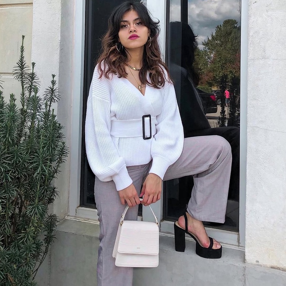 White Cardigan Sweater with Belt